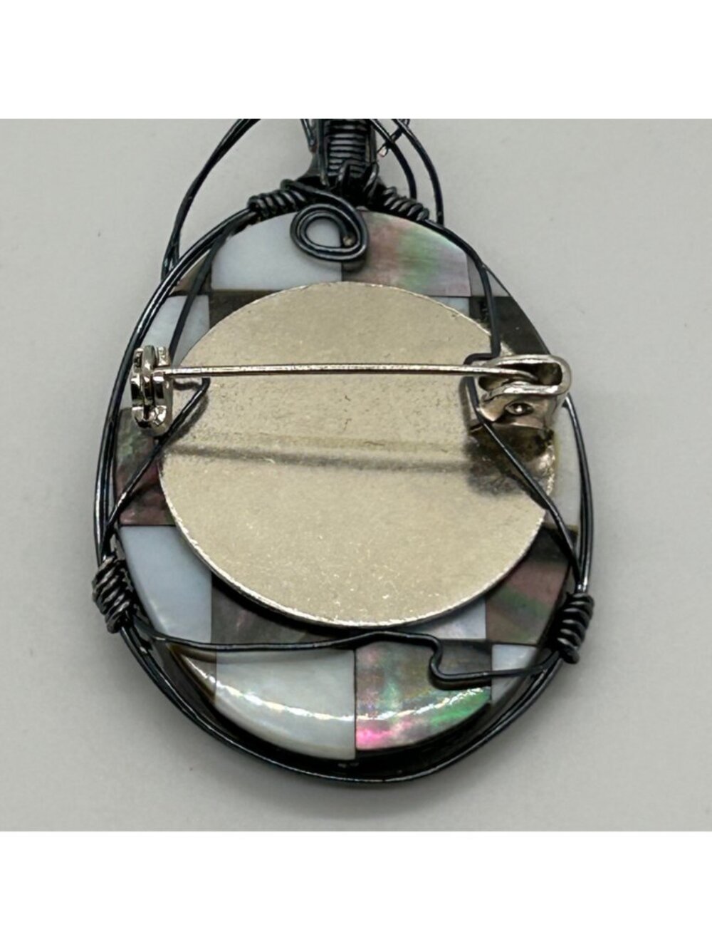 Artisan Wire Wrapped Abalone Mother Of Pearl Mosaic Checkerboard Shell Oval Pend - Picture 7 of 11